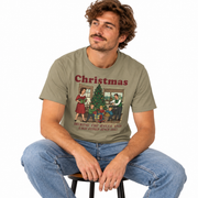 Man wearing the Men's Decking the Halls Christmas shirt with a vintage family holiday scene