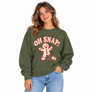 Women's Oh Snap Gingerbread Christmas sweatshirt in Military Green, styled