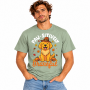 Paw-sitively Thankful dog design on a men's Thanksgiving shirt