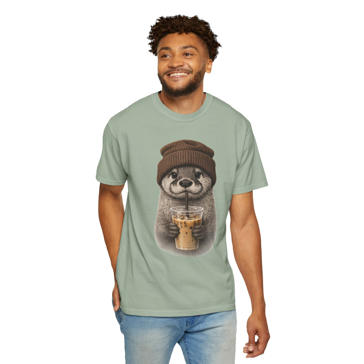 Iced coffee otter print on a garment-dyed men's shirt