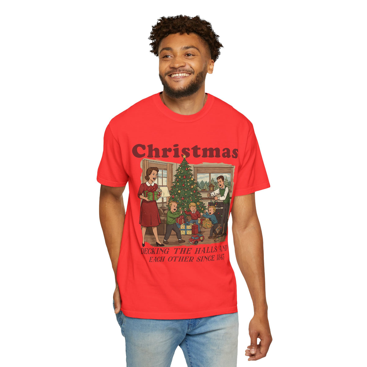 Man wearing the Men's Decking the Halls Christmas shirt