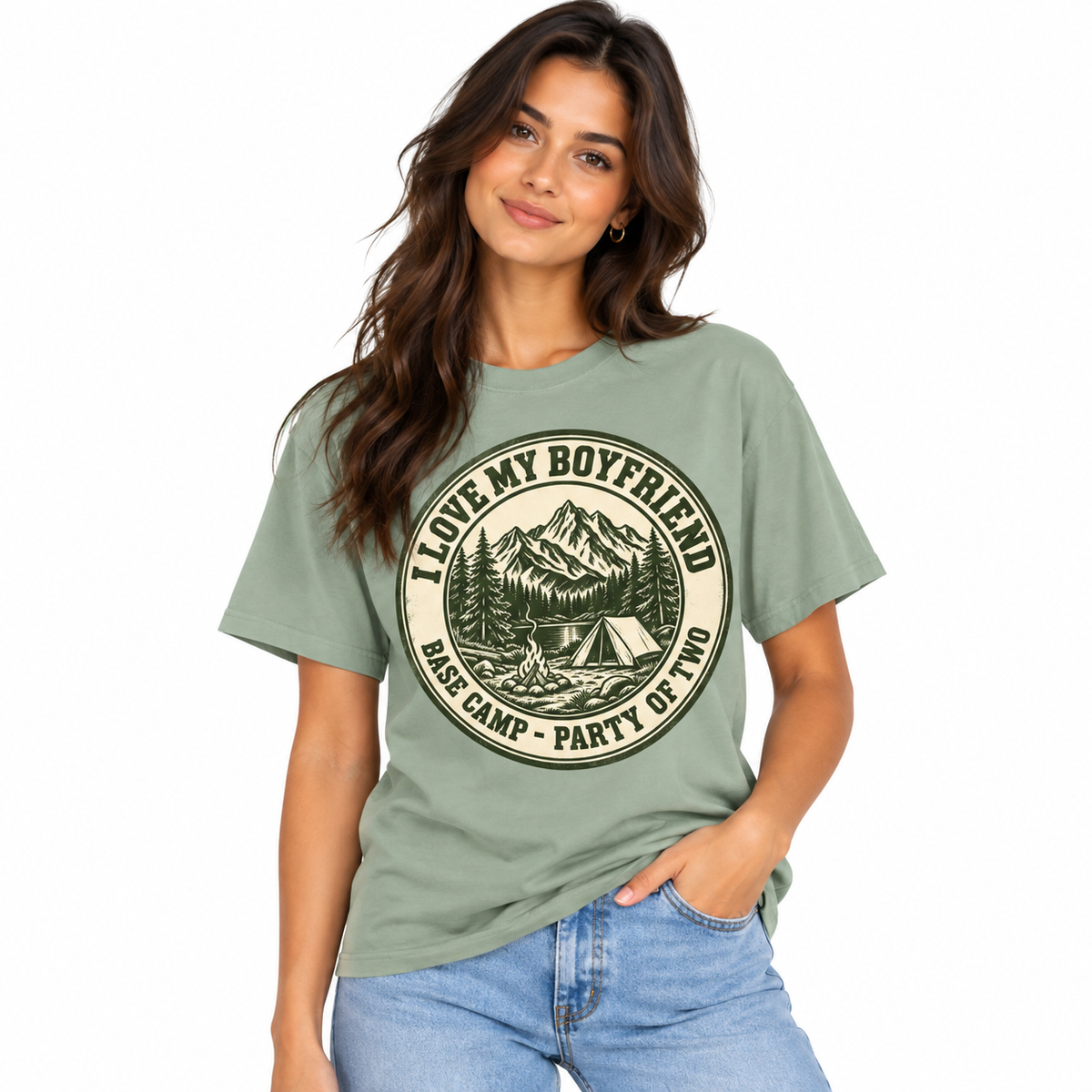 Model wearing the sage green I Love My Boyfriend camping badge shirt