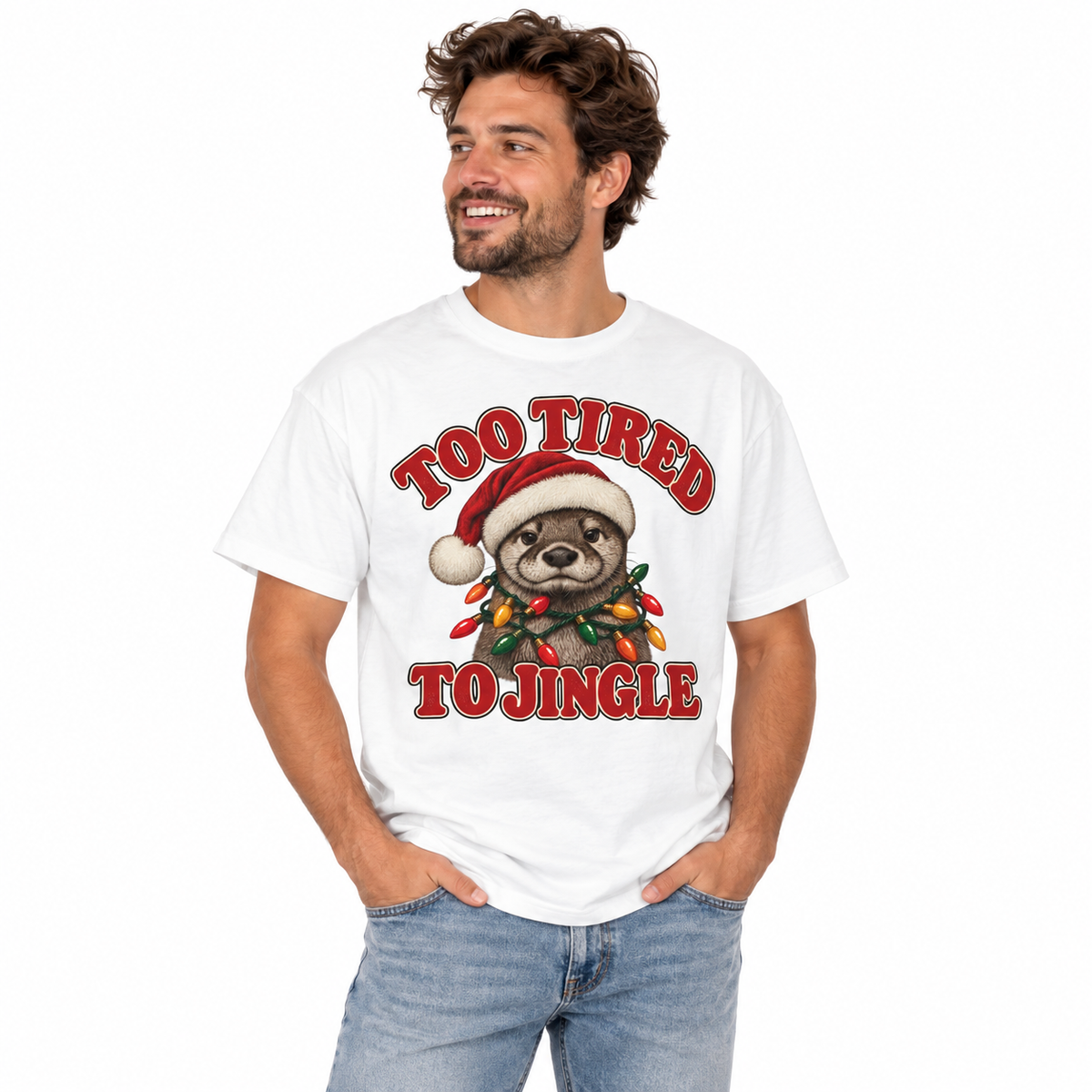 Too Tired to Jingle design with a sleepy Christmas otter