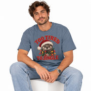 Man wearing the Too Tired to Jingle otter Christmas shirt