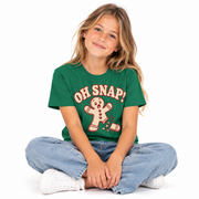 Child wearing the Oh Snap gingerbread Christmas shirt