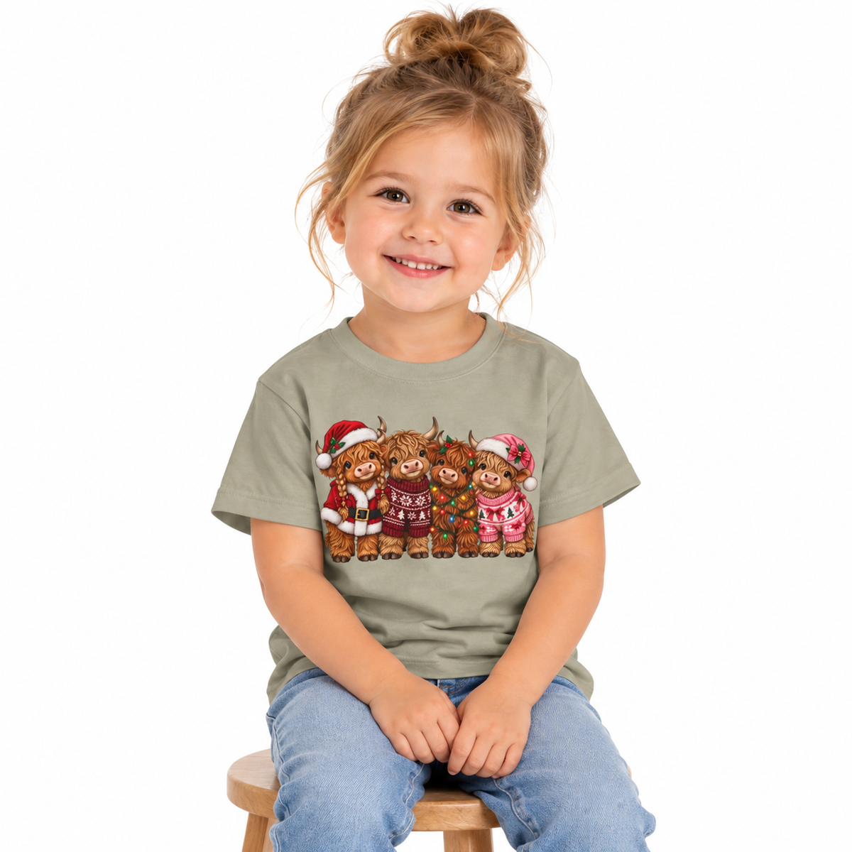 Smiling toddler wearing the Toddler Highland Cow Christmas shirt