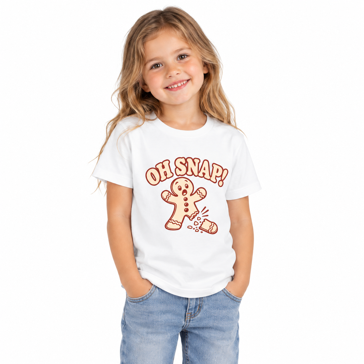 Girl wearing the toddler Oh Snap gingerbread Christmas shirt