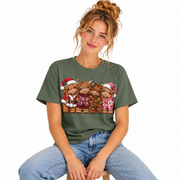 Women's Highland Cow Christmas shirt in green with festive highland cows