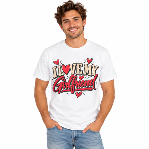 Model wearing the I heart my girlfriend shirt with retro heart lettering