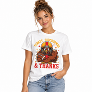 Turkey, Touchdowns and Thanks design on a women's Thanksgiving shirt