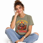 Thanksgiving football turkey shirt for women in a studio shot