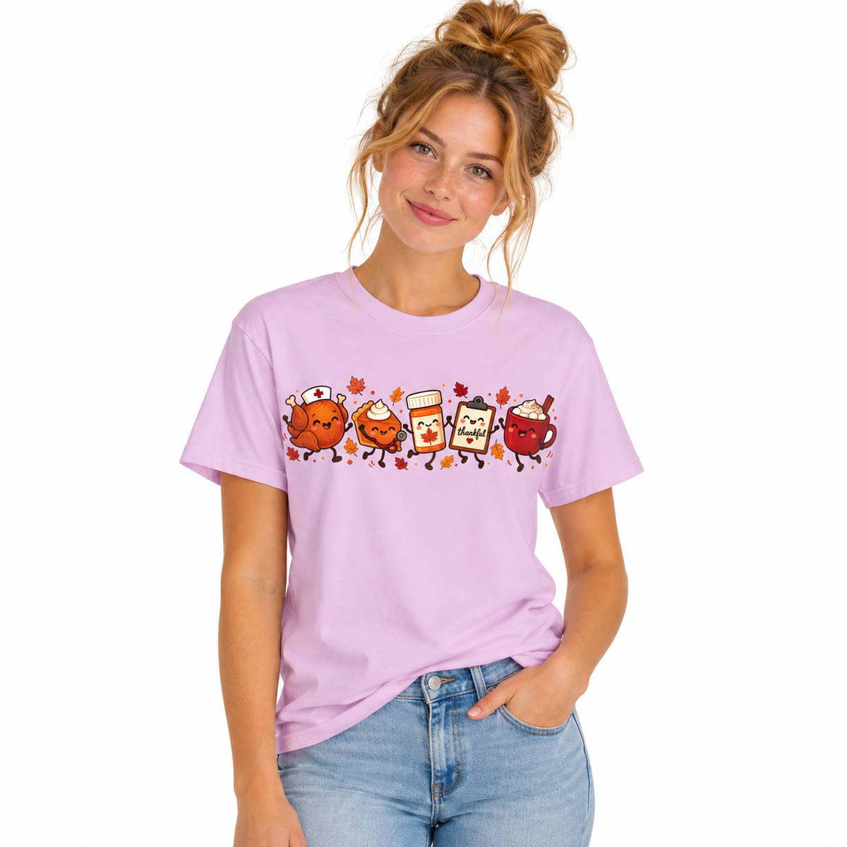 Women wearing the Thanksgiving nurse shirt in lavender