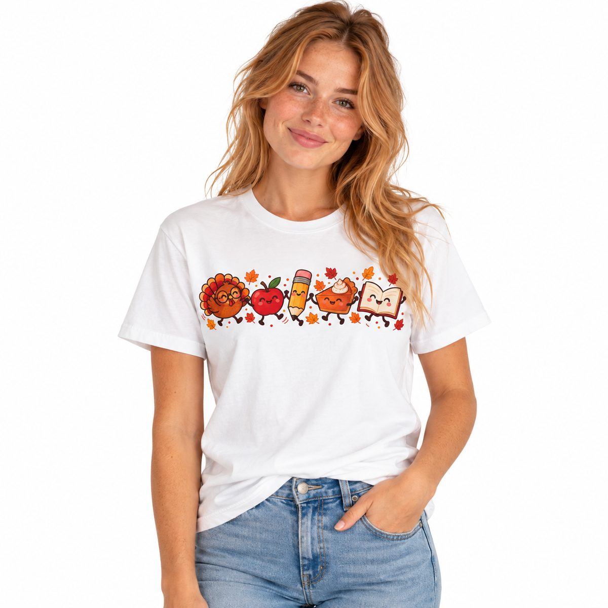 Thanksgiving teacher design with cute autumn and classroom characters on a white shirt