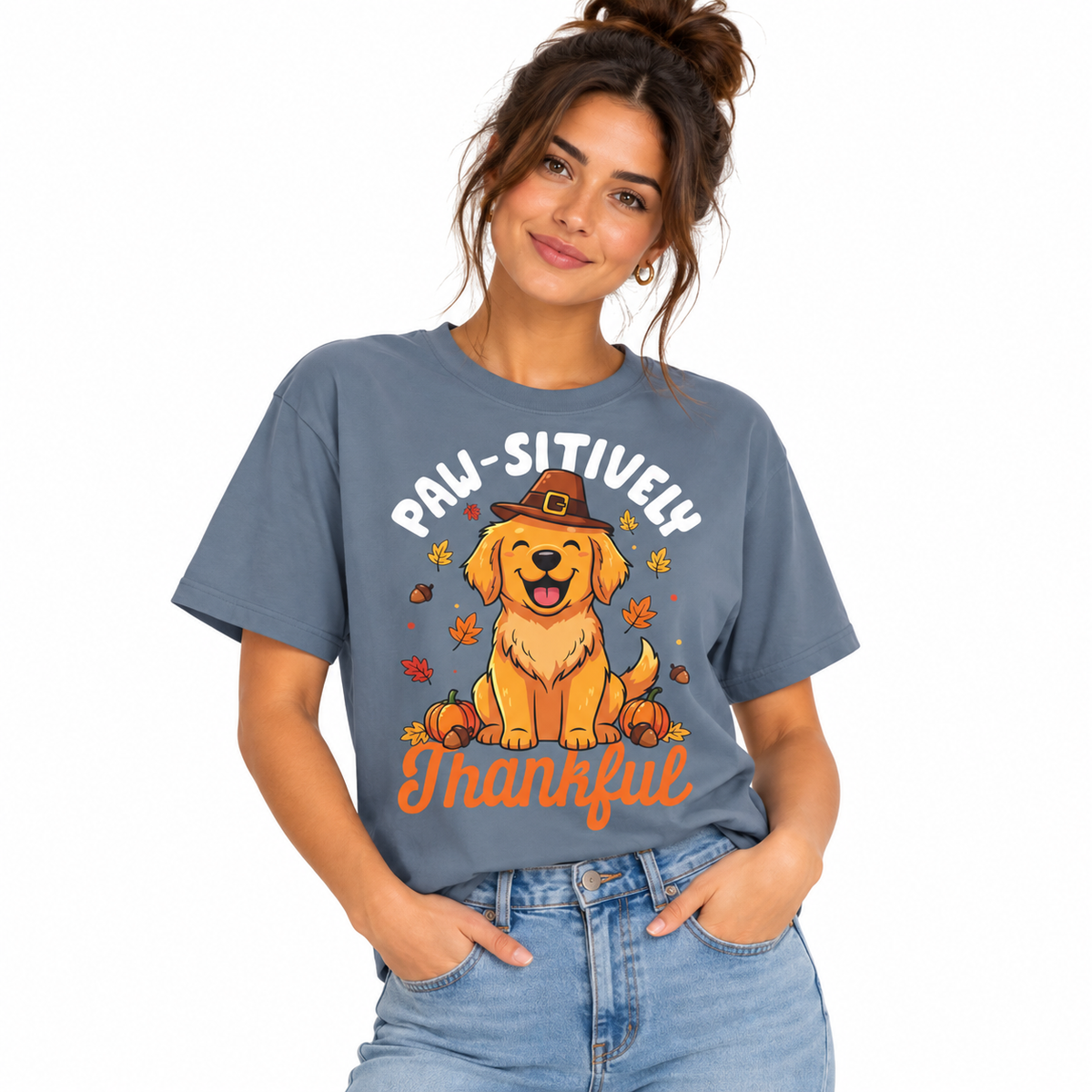 Paw-sitively Thankful dog design shown in a fall styling shot