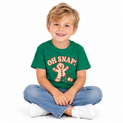 Boy wearing the toddler Oh Snap gingerbread Christmas shirt