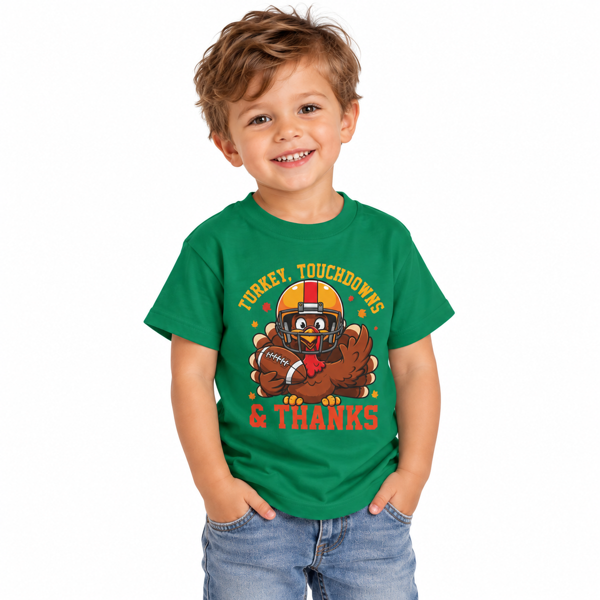 Toddler wearing the Thanksgiving football turkey shirt