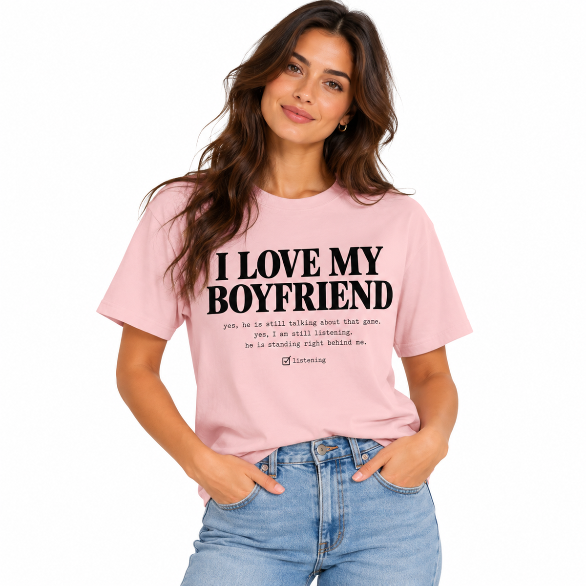 Woman wearing the pink I Love My Boyfriend checklist shirt
