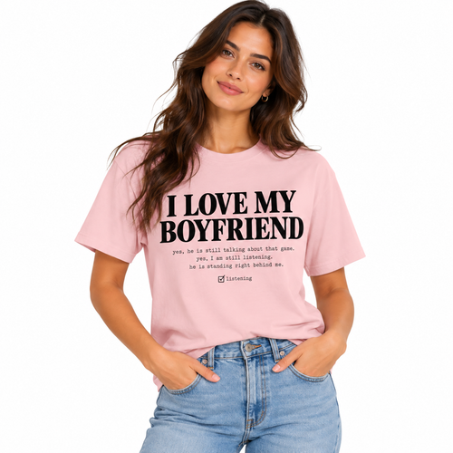 Woman wearing the pink I Love My Boyfriend checklist shirt