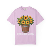Bucket of sunflowers with After the Rain, We Grow underneath, on an orchid shirt