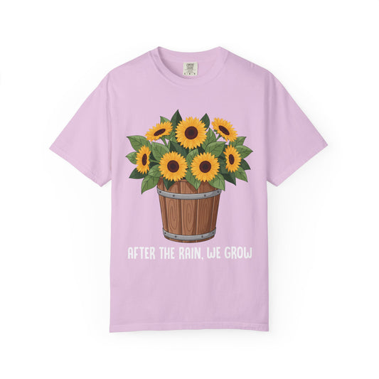 Bucket of sunflowers with After the Rain, We Grow underneath, on an orchid shirt