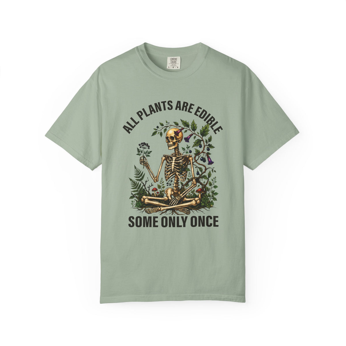 Botanical skeleton with All Plants Are Edible Some Only Once, on a bay green men's shirt
