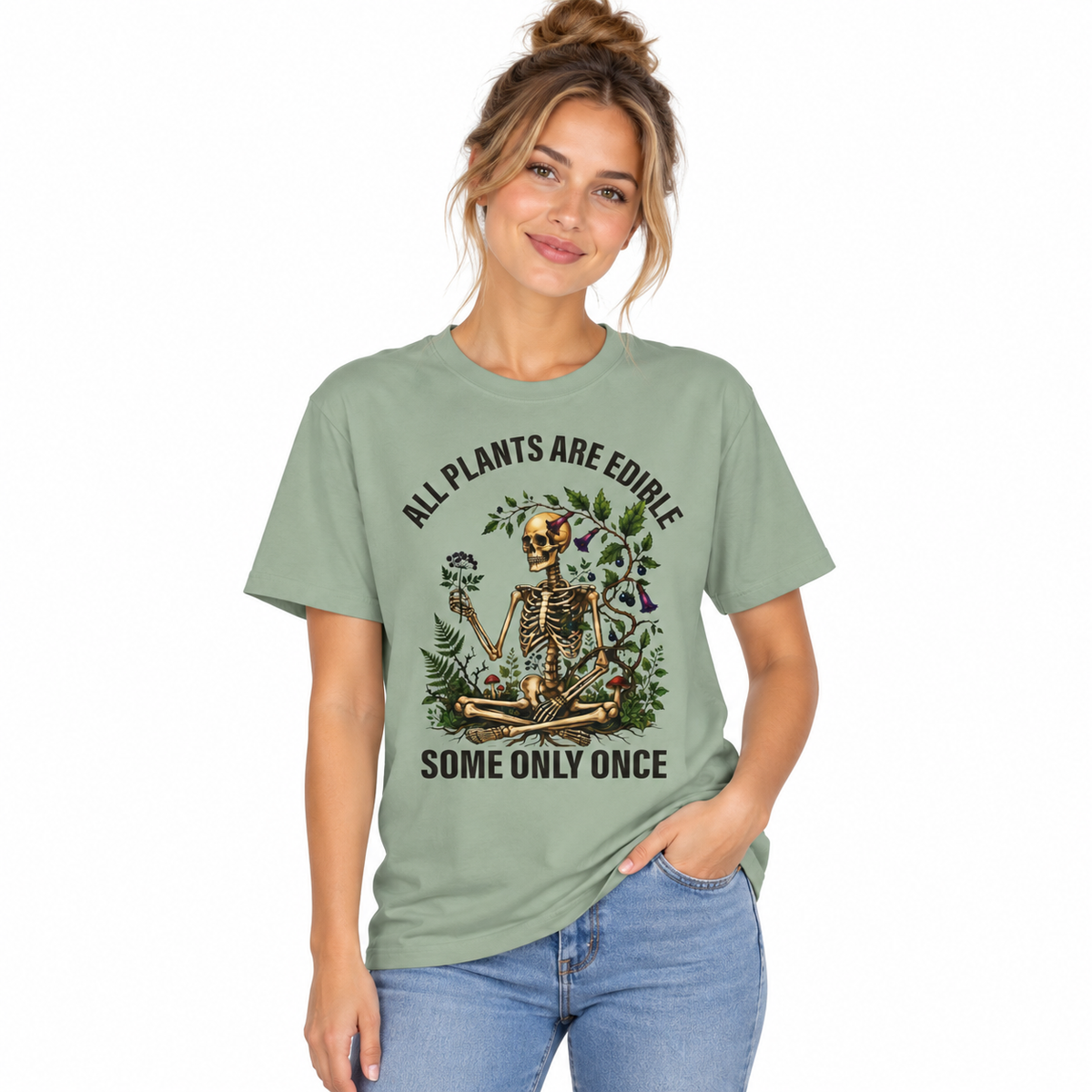 All Plants Are Edible botanical skeleton design on a Comfort Colors shirt
