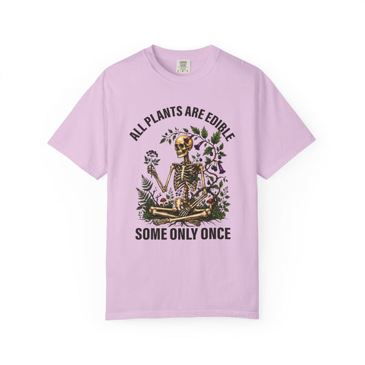 Botanical skeleton with All Plants Are Edible Some Only Once, on an orchid women's shirt