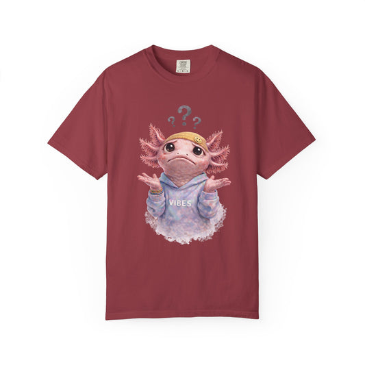 Shrugging axolotl with question marks overhead, on a chili red men's shirt