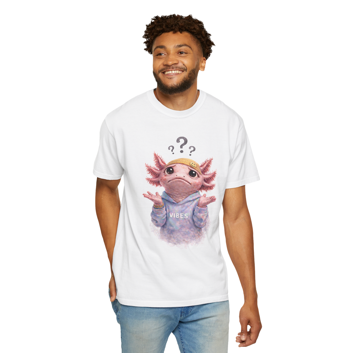 Confused axolotl design on a men's Comfort Colors shirt