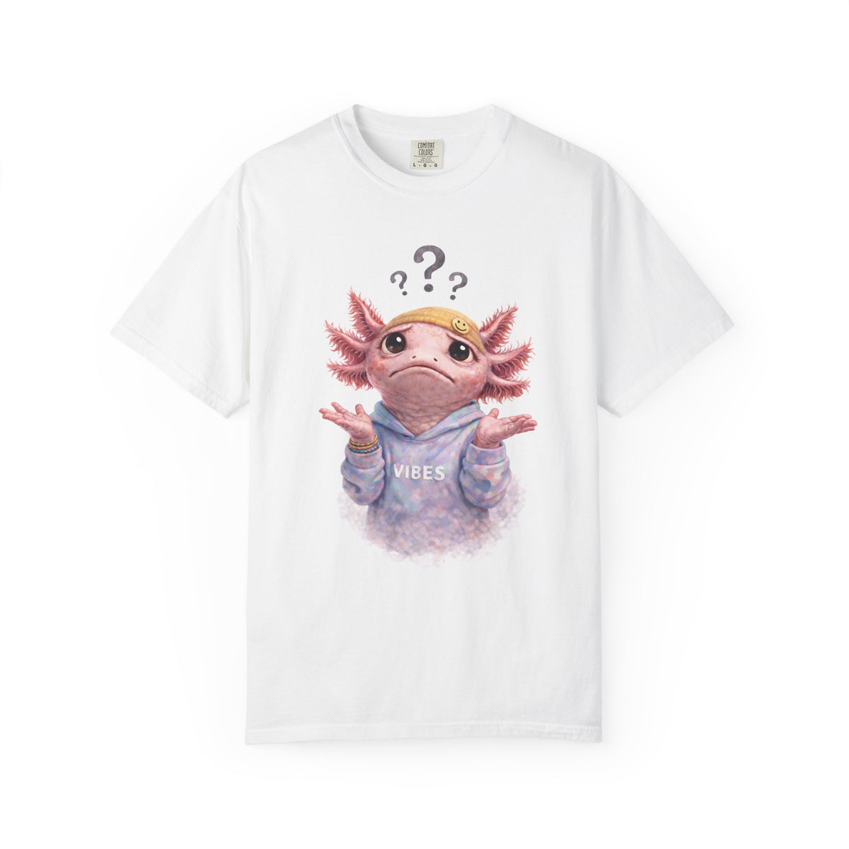 Shrugging axolotl with question marks overhead, on a white men's shirt
