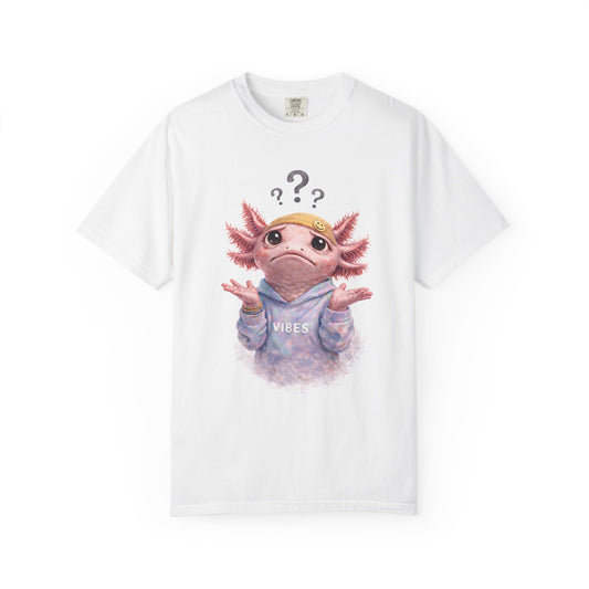 Shrugging axolotl with question marks overhead, on a white men's shirt