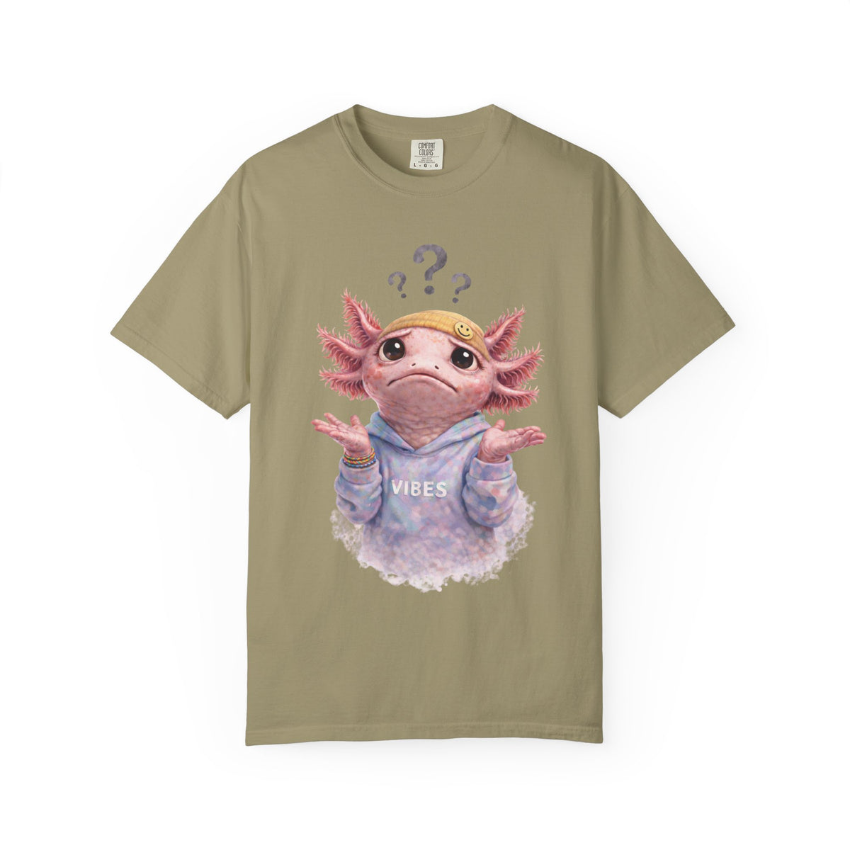 Shrugging axolotl with question marks overhead, on a khaki women's shirt