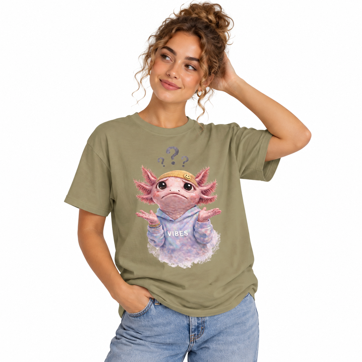 Confused axolotl design on a women's Comfort Colors shirt