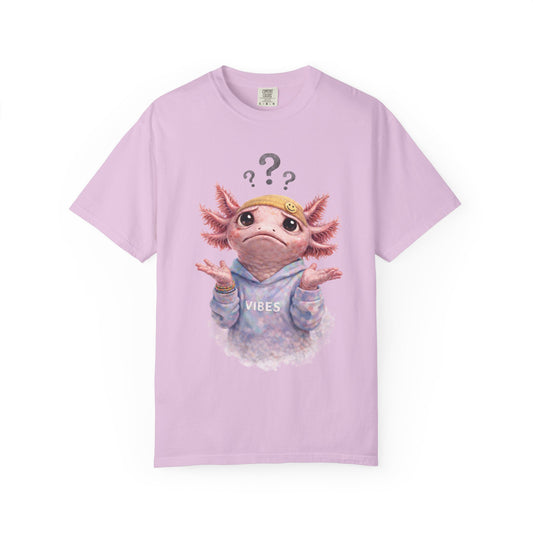 Shrugging axolotl with question marks overhead, on an orchid purple women's shirt