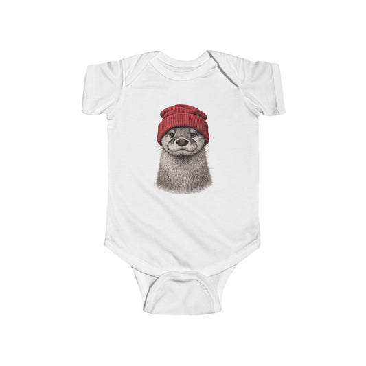 Hand-drawn otter in a red knitted beanie, printed on a white baby bodysuit