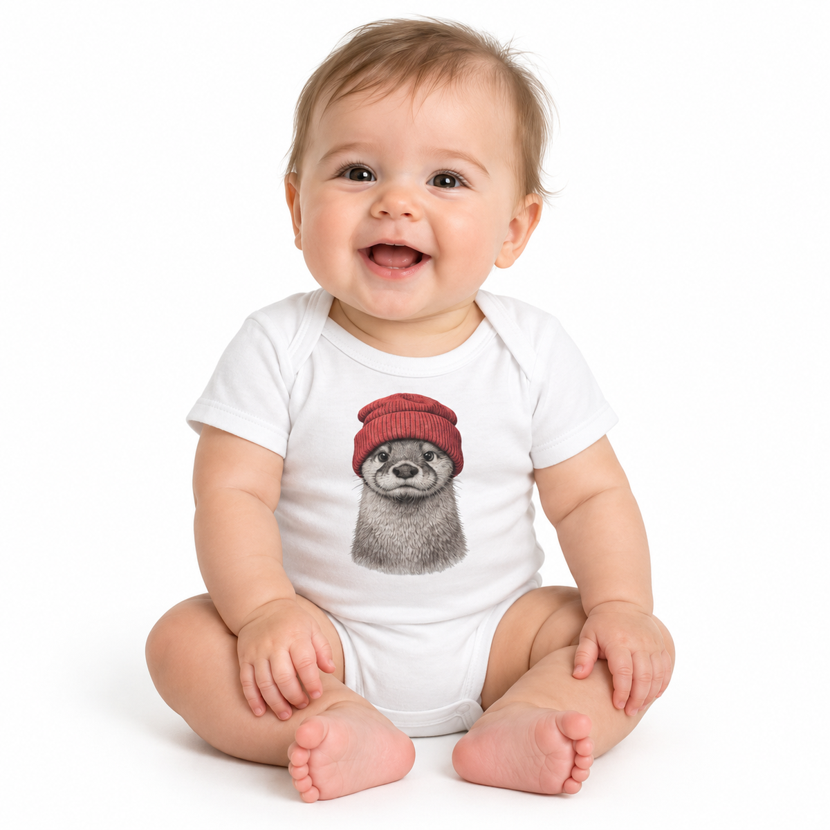 Hand-drawn otter in a red knitted beanie, printed on a baby bodysuit
