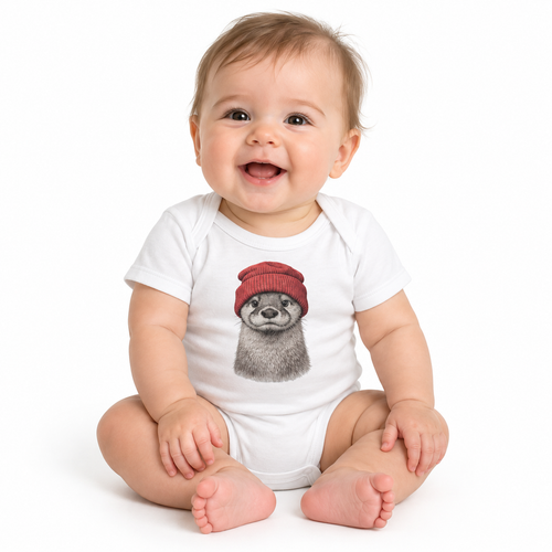 Hand-drawn otter in a red knitted beanie, printed on a baby bodysuit