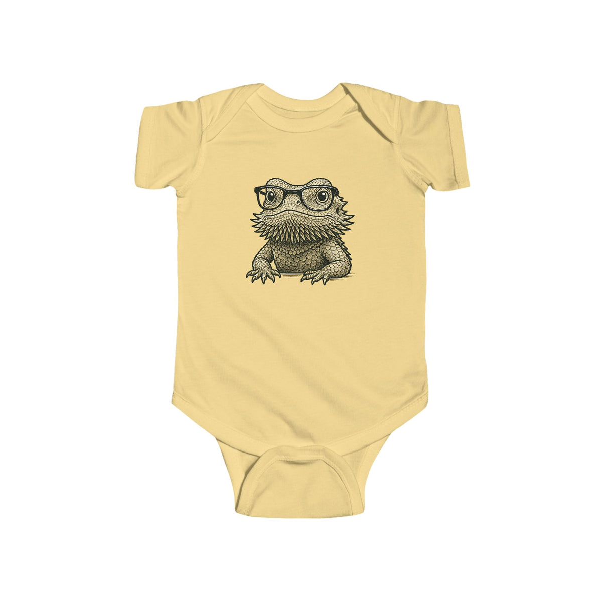 Bearded dragon in glasses, printed on a butter yellow baby bodysuit