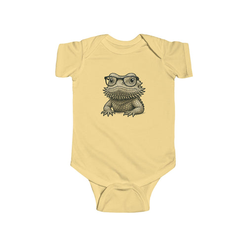 Bearded dragon in glasses, printed on a butter yellow baby bodysuit
