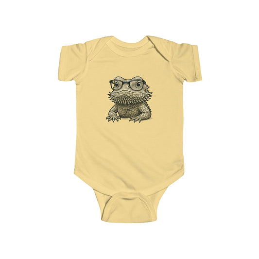 Bearded dragon in glasses, printed on a butter yellow baby bodysuit