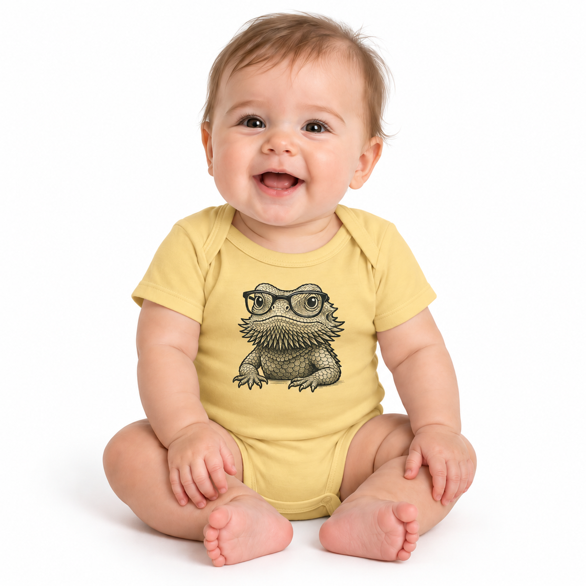 Bearded dragon in glasses, printed on a baby bodysuit