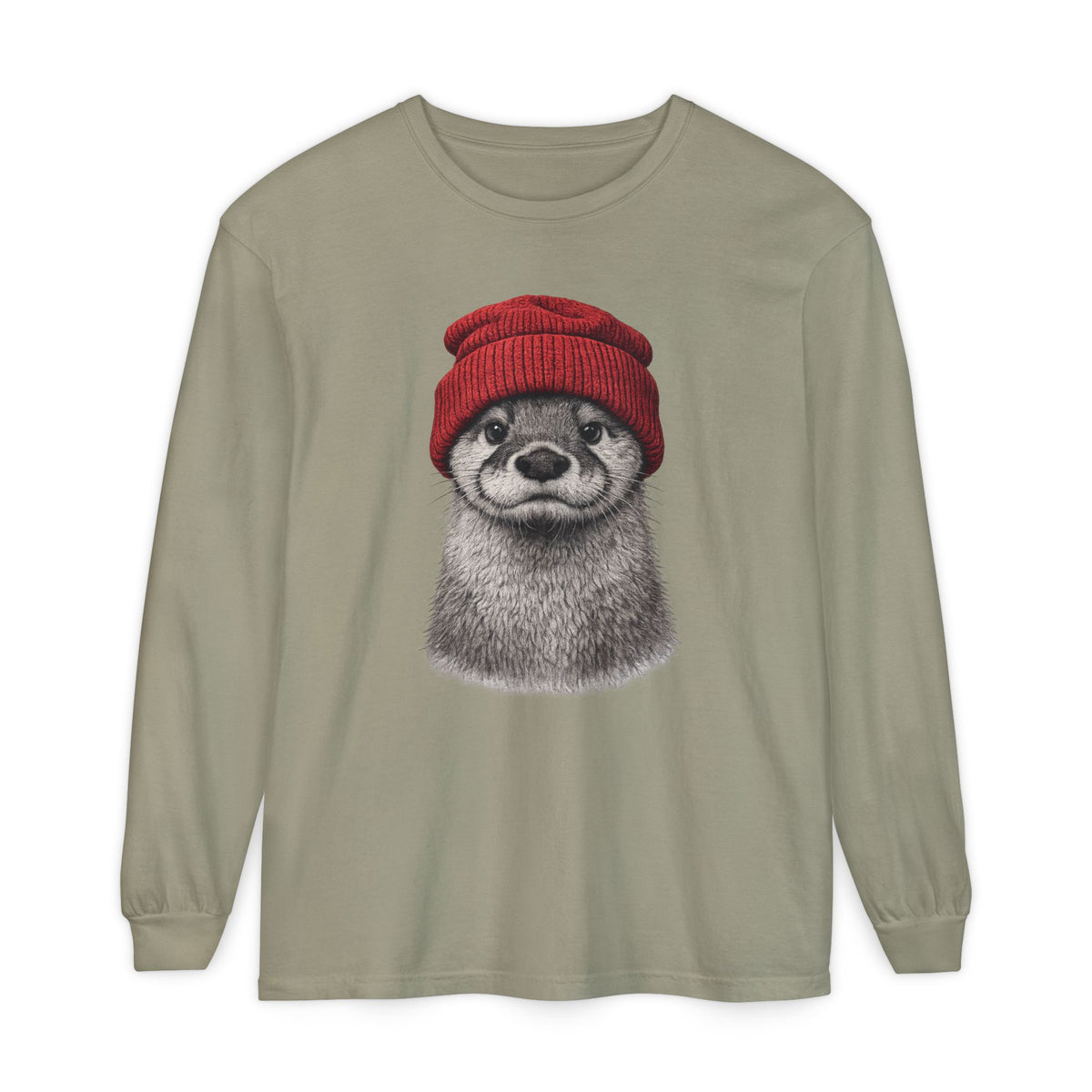 Hand-drawn otter in a red knitted beanie, printed on a sandstone long sleeve shirt