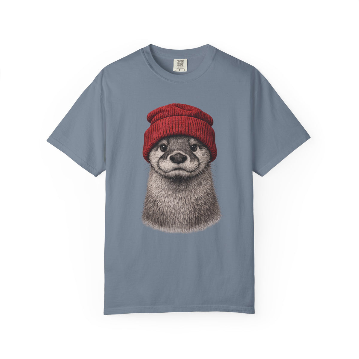 Hand-drawn otter in a red knitted beanie on a blue jean garment-dyed men's t-shirt