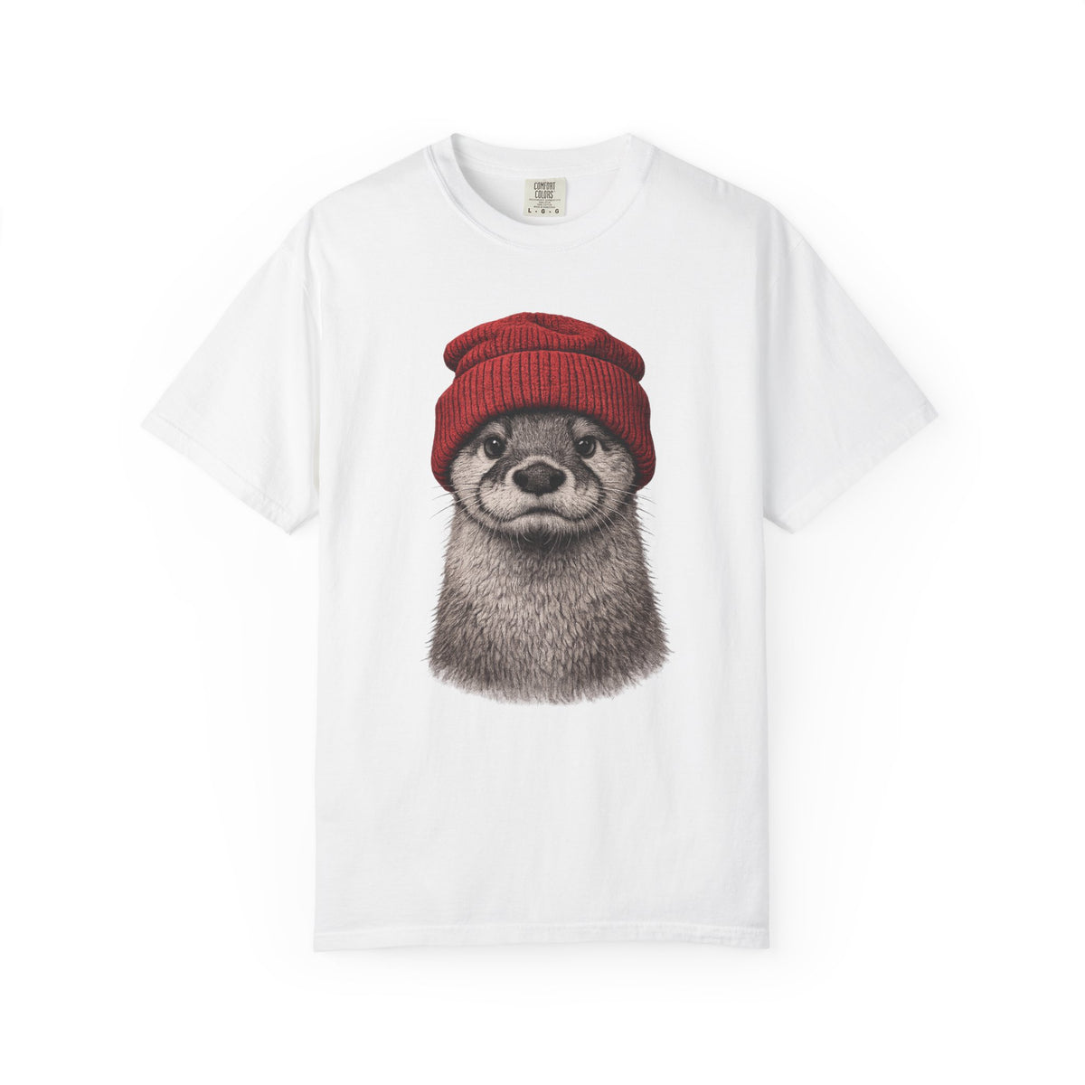Hand-drawn otter in a red knitted beanie on a white garment-dyed women's t-shirt