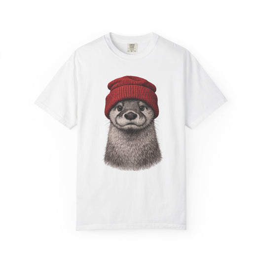 Hand-drawn otter in a red knitted beanie on a white garment-dyed women's t-shirt