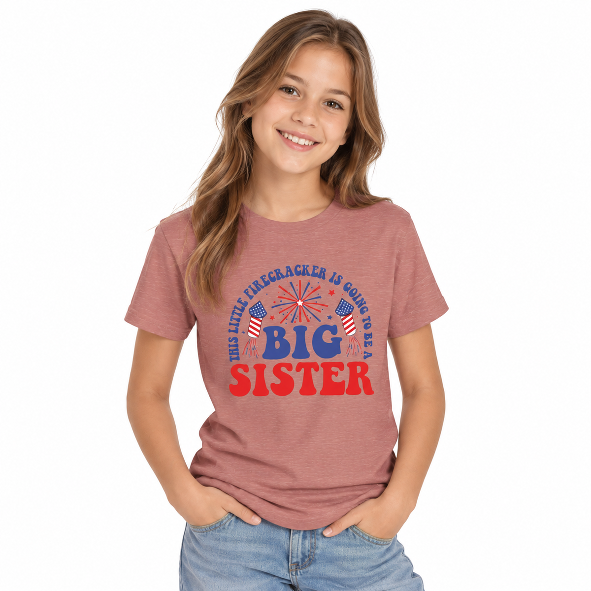 Big sister firecracker 4th of July announcement design on a kids shirt