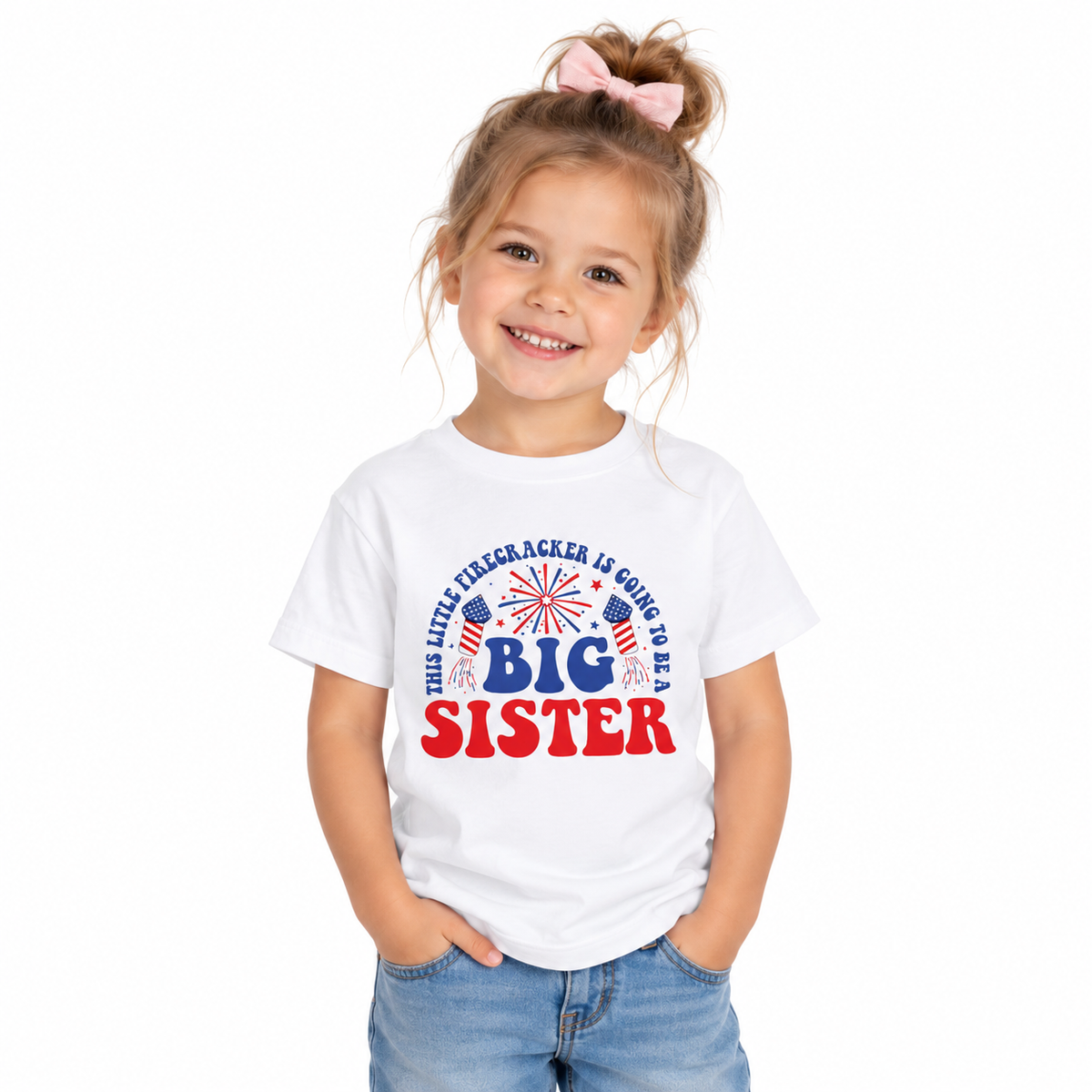 Big sister firecracker 4th of July announcement design on a toddler shirt