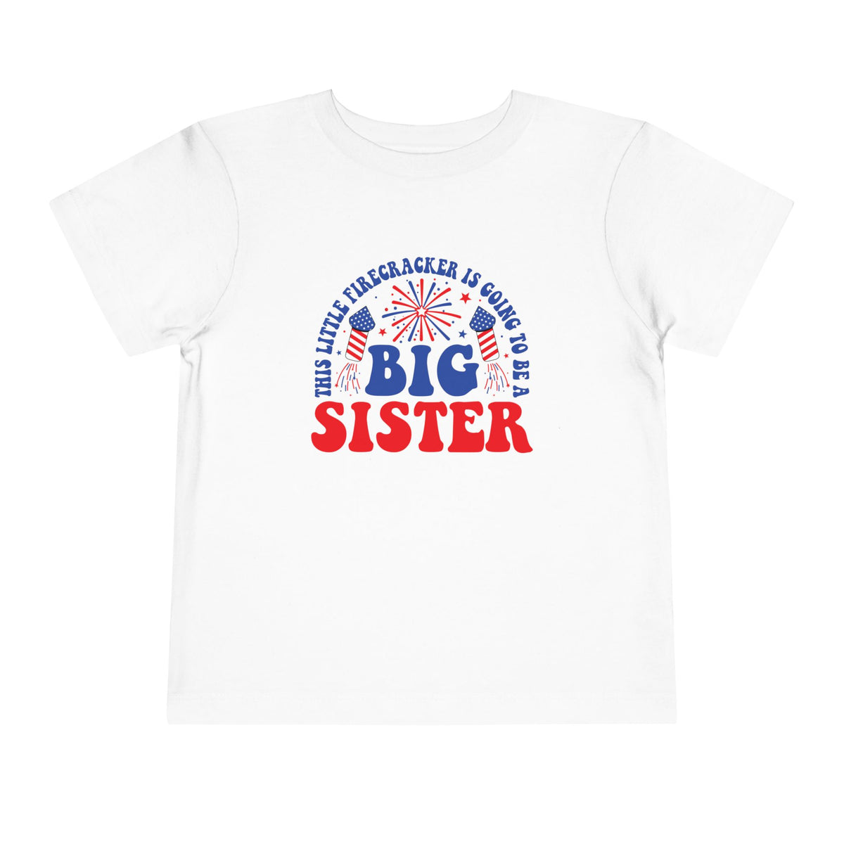 Big sister firecracker announcement with red and blue fireworks, on a white toddler shirt