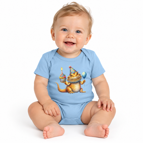 Birthday bearded dragon design on a baby bodysuit