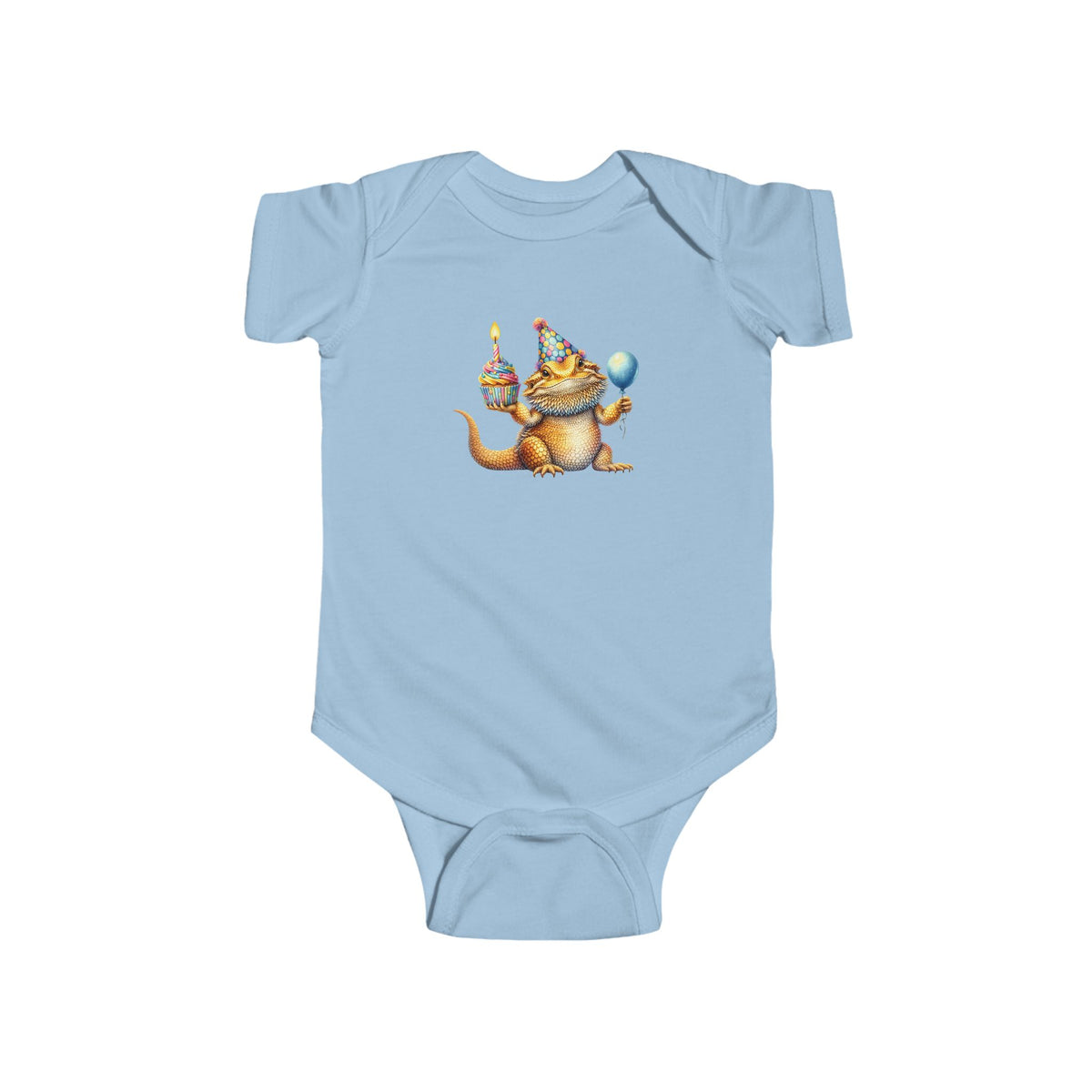 Bearded dragon in a party hat with a cupcake and balloon, on a light blue baby bodysuit
